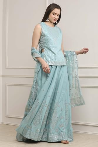 Biba Women Powder Blue Cotton Printed Lehenga Set_42