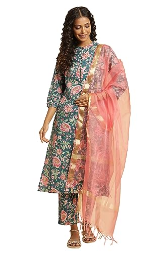 Teal Blue Printed Kurta, Bottom and Organza Dupatta Set_24AUWS10161-122807_M