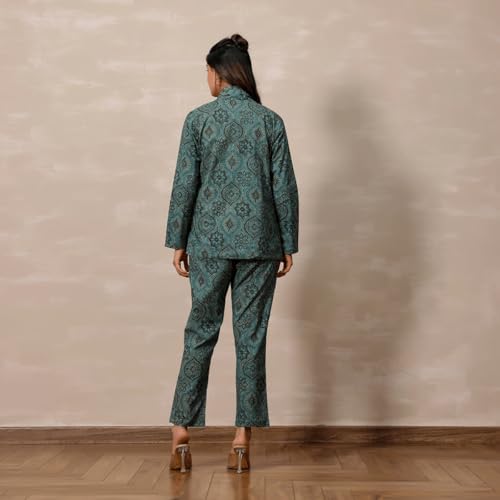 VIVIKA Cotton Blazer Co-ord Set for Women | 3 Piece Formal Outfit with Blazer Top Pants | Stylish Western Clothing Set for Office Party and Smart Wear_Pastel Blue_M