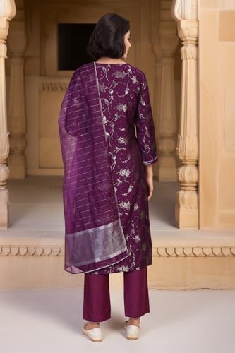 W for Woman Floral Printed Jacquard A-Line Kurta with Straight Pant and Dupatta Set - Purple (WS13245-314312-XL)