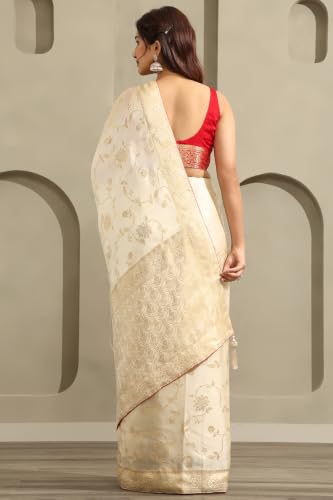 Soch Womens Cream Satin Botanical Zari Woven Saree