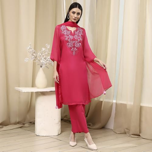 Biba Women Fuchsia Embroidered Straight Suit Set_38