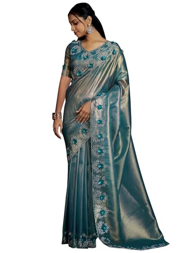 SAREE MALL Women's Teal blue Organza Embellished Saree With Unstitched Blouse (MAHEK926E_MK)