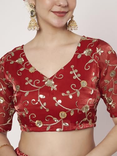 studio rasa Women's Organza Embroidered Readymade Blouse for Festive Wedding Party (TPWC725BL76XL_Red_X-Large)