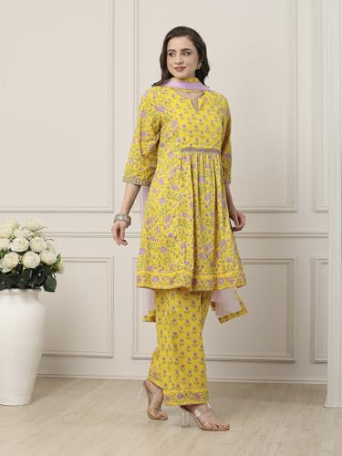 BIBA Women Yellow Cotton Kalidar Suit Set_32