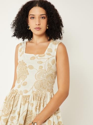 Max Women Printed Fit & Flare Midi Dress (Beige_XS)