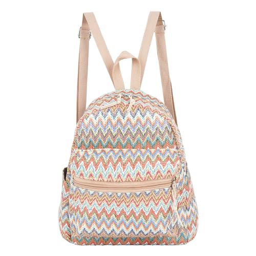 Meyaus Women Medium Straw Handmade Woven Backpack Casual Beach Daypack Shoulders Bag, Wave Pattern Orange, One Size, Daypack Backpacks