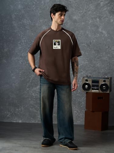 The Souled Store NASA: Man On The Moon Men and Boys Short Sleeve Round Neck Dark Brown Embellished Casual Lightweight Drop Shoulder Streetwear Trendy Oversized T-Shirts
