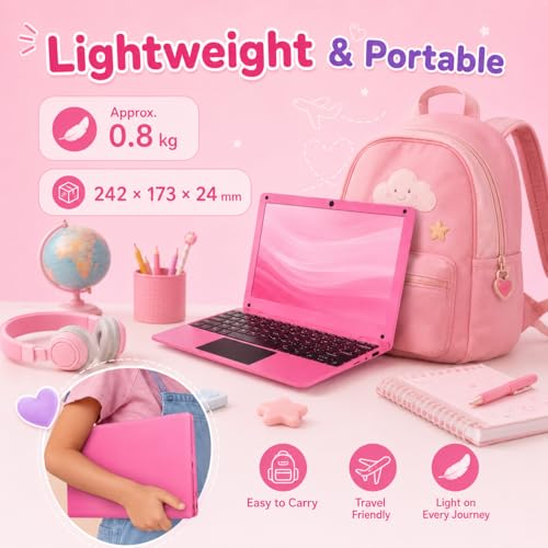 Fwmntu 10.1 Inch Android 13 Mini Laptop 2GB RAM 64GB Memory HD IPS Display 1280*800 Pixels Portable Netbook with Allwinner A133 CPU (Pink)