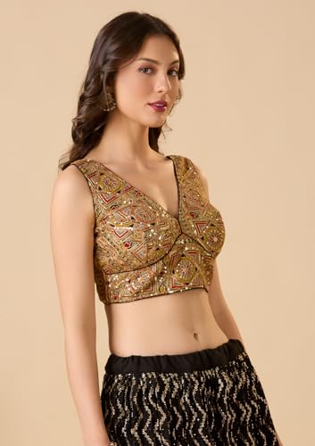 S SALWAR STUDIO Black Embroidered Georgette V Neck Sleeveless Readymade Blouse