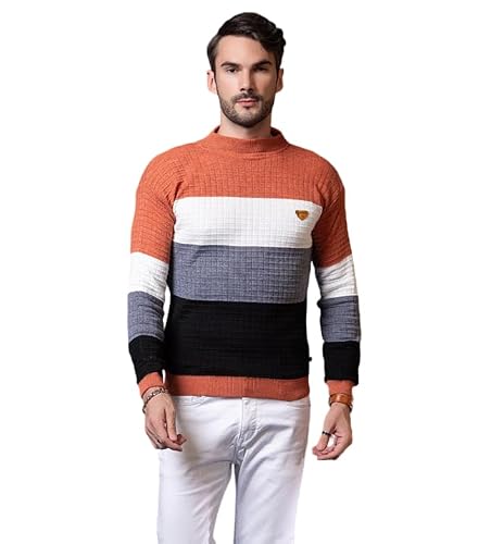 SWAAGLOK - STYLE THAT SPEAKS Men’s Colorblock Mock Neck Sweater | Textured Knit Pullover with Ribbed Hems | Stylish Slim Fit Winter Jumper for Casual & Weekend Wear (in, Alpha, XL, Mustard)