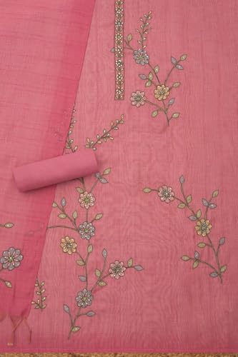 Soch Womens Pink Linen Shimmer Floral Print Unstitch Dress Material With Thread Work