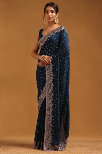 Soch Womens Blue Tussar Embellished Saree With Stone Work