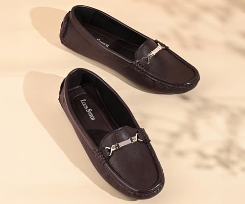 LOUIS STITCH Women’s Brown Premium Slip-On Loafers with Buckle | Elegant Solid Slip-On Comfort Shoes for Casual and Formal Wear | Slip-On Loafer Shoes for Women | LSLD-BLR-HS04-BB | UK-6