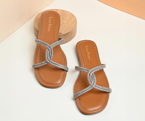 LOUIS STITCH Women’s Fashion Flat Tan Slip-On Sandals | Open Toe Silver Cross Strap Flat Slipper for Ladies | LSOF-LDSL-CRCSGM| (UK-7)