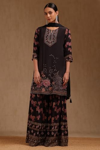 Soch Womens Black Crepe Floral Print Suit Set With Beads