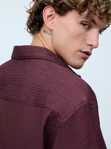 The Souled Store Textured Shirt: Sangria Men and Boys Short Sleeves Collared Neck Button Front Polyester Purple Solid Oversized Shirt