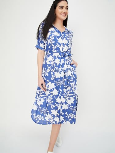 Max Women Printed Shirt Midi Dress (Mddrs41027Blue)_L