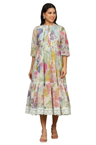 W for Woman White Floral Printed Tiered Chiffon Dress with Lace Detail (Size: S)-W12410-125443