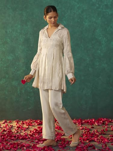 Arangya Elegant Flared Kurta Set with Embroidered Collar and Straight Pants l Puff Sleeve with Gathered Detailing l Co Ord Set for Women White