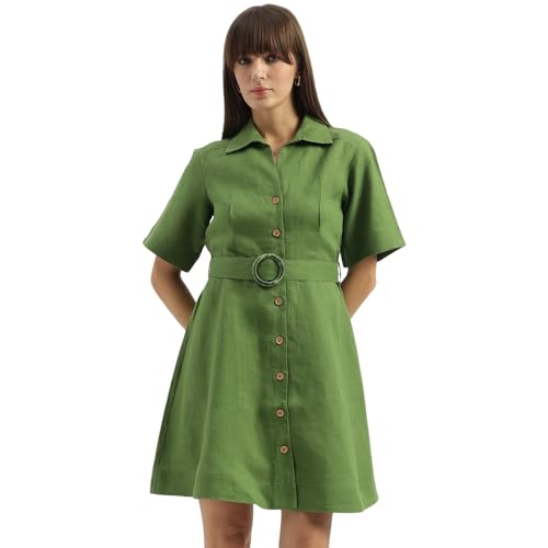 UNITED COLORS OF BENETTON Shirt Collar Solid A-Line Dress (Size: L)-25P4WVNDR150I1R8 Green