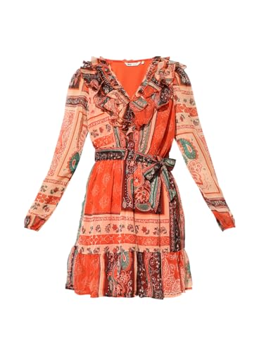 ONLY Women's Tribal Print Fit and Flare Orange Dress