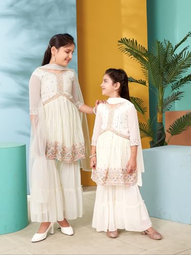 Aarika Girls Ethnic Wear Cream Colour Thread Sequin Embroidery Georgette Kurti Sharara Set (5-11 Years)