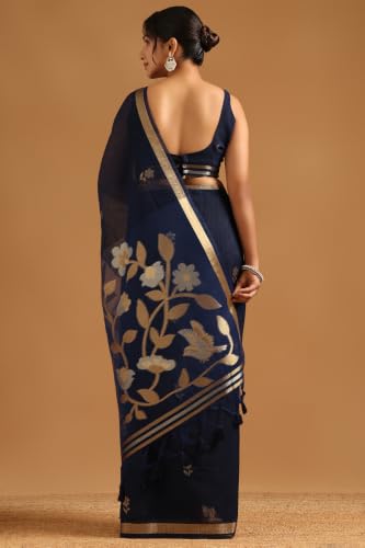 Soch Womens Navy Blue Organza Botanical Zari Woven Saree