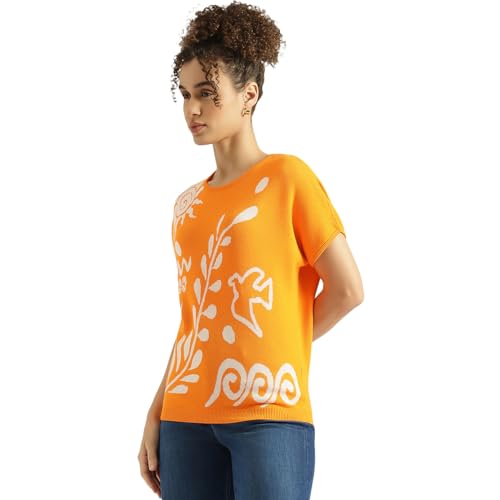 United Colors of Benetton Round Neck Textured Top (Size: M) - 26P1039W1267I0F4 Orange