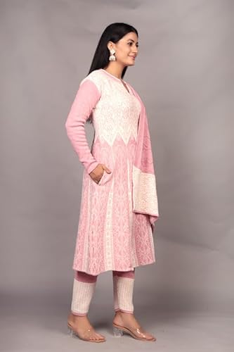 The Zigar Studio Woolen Kurta Set With Pants and Dupatta - Stitched Embroidery Suit Set with Pants and Dupatta-Floral Embroidery Woolen Kurta Set for Women Pk-Fullhair-Pink-L