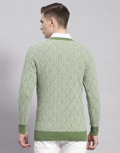 Monte Carlo Mens Green Solid V Neck Full Sleeve Wool Blend Casual Sweater (1239177VN-2-40)