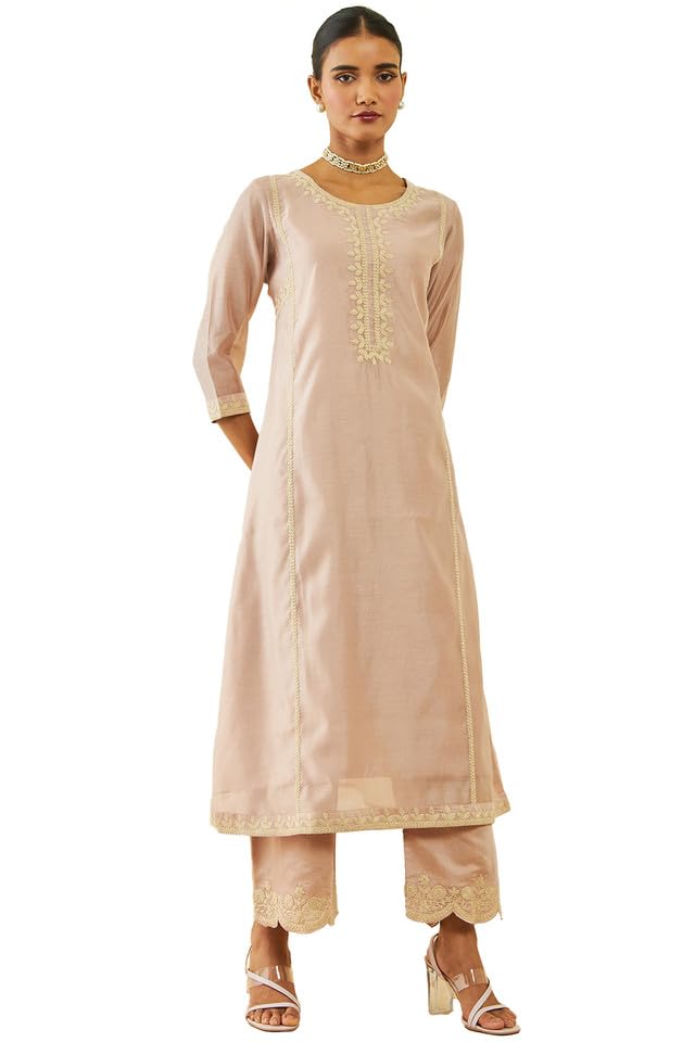 Soch Womens Onion Pink Chanderi Thread Embroidered A-Line Suit Set with Dupatta