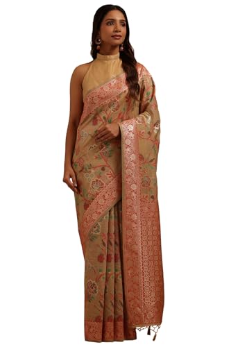 Soch Womens Beige Chanderi Floral Zari Woven Saree