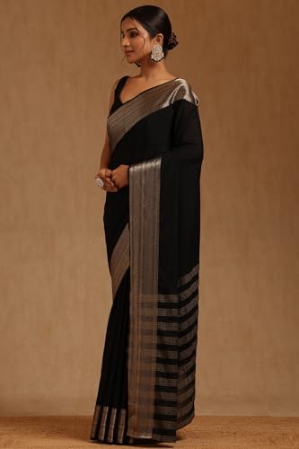 Soch Womens Black Georgette Solid Saree With Zari