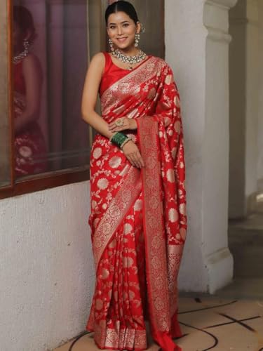 Veglari Women's Kanjivaram Pure Kalanjali Jacqurad Banarasi Silk Flower Print Original Kanchi Patuu Silk Saree With Blouses Piecs For Wedding