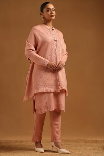 Soch Womens Peach Acrylic Floral Embroidered Winter Salwar Suit With Pearls