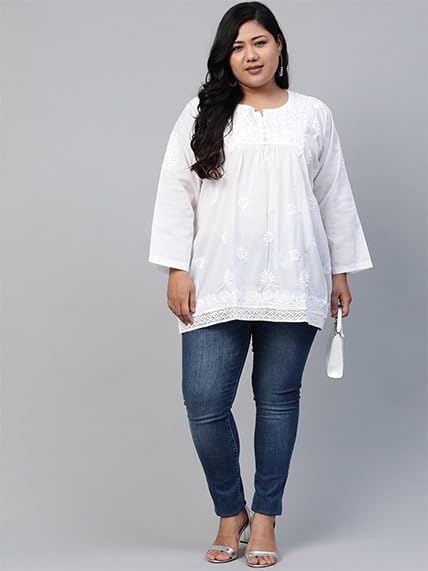 Ada Hand Embroidered Lucknow Chikankari White Cotton Short Kurti Top Tunic for Women A208706 (2XL)