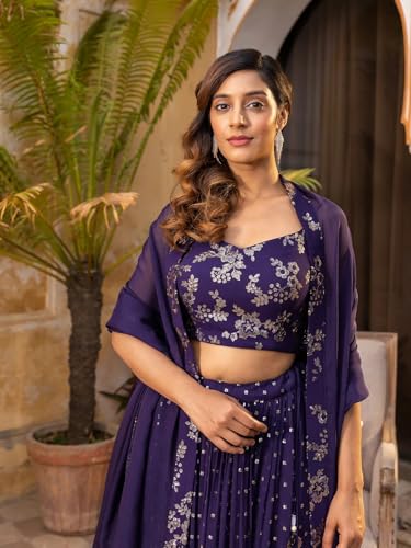Zeel Clothing Women's Sequins and Thread Embroidered Work Georgette Lehenga Choli With Dupatta (6015-Purple-Women-Lehenga-Choli; Free size)