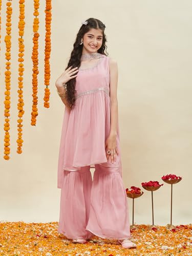 CURLY TALES ALPHA Girls Pink Sharara Set with Dupatta | Sleeveless Embellished Kurti with Gota Work | Ethnic Indian Dress for Kids | Traditional Festive Outfit for Wedding & Festivals