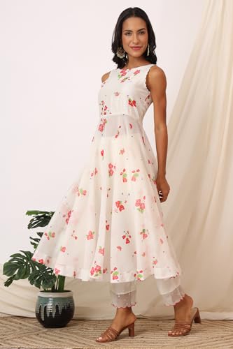 W for Woman White Bold Floral Printed Sleeveless Chanderi Anarkali Kurta with Pants and Red Printed Dupatta Set (Size: XL)-WS12495-125423