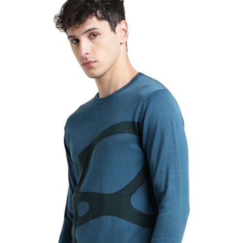 Men's Solid Blue Crew Neck Sweater