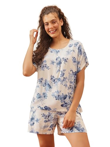 Clovia Women's Rayon Floral Print Top & Shorts Set (LS0533J18_White_S)