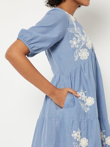 Max Women Embroidered Tiered Dress (Blue_S)