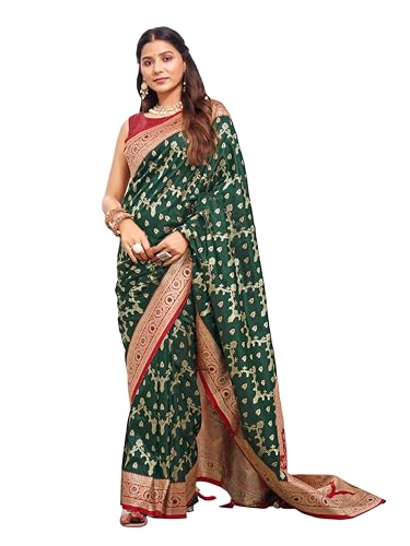 MANOHARI Women's Most Trendy Banarasi Satin Silk Woven Green & Red Saree With Heavy Jacquard Work Saree With Blouse Piece_MN2065