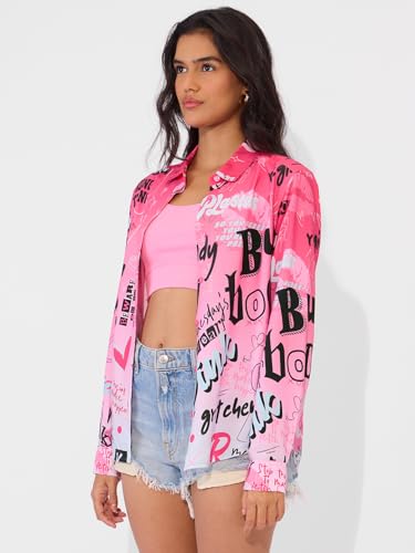 The Souled Store Official Mean Girls Originals: Burn Book Women & Girls Long Sleeve Collared Neck Button Down Regular Fit Cotton Shirts Pink
