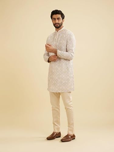 Manyavar Blended Cotton Men's Digital Print Kurta (Cream,XXXL)