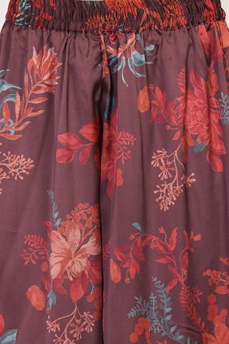 W for Woman Maroon Floral Print Sequined A-line Satin Kurta with Flared Pant and Dupatta Set (WS13212-126213-M)