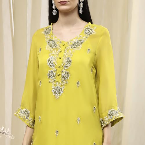 BIBA Women Lime Green Embroidered Straight Suit Set_38
