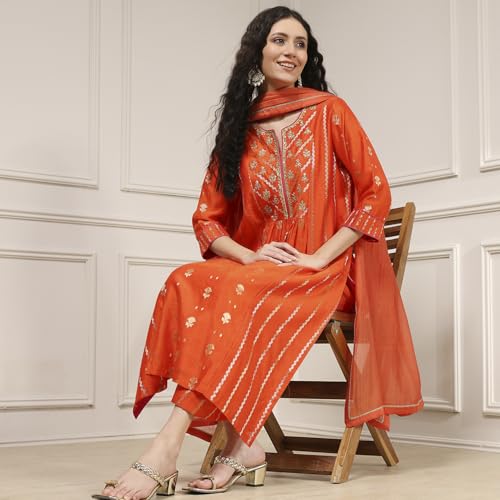 Biba Women's Orange Silk Straight Yarndyed Suit Set