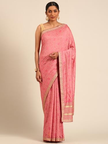 Panzora Women's Pink Vichitra Silk Saree With Unstitched Blouse Piece
